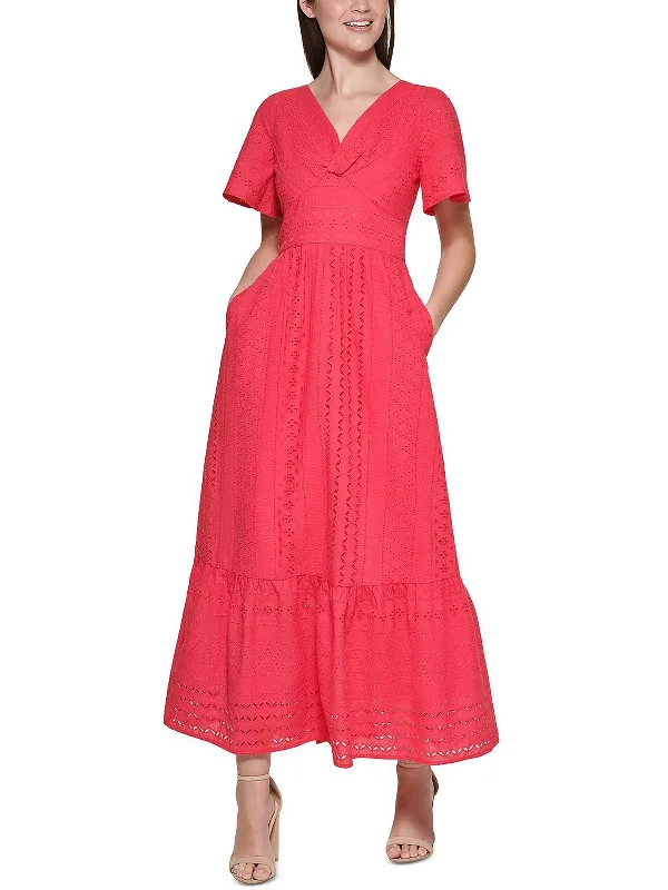 Womens Eyelet V-neck Midi Dress