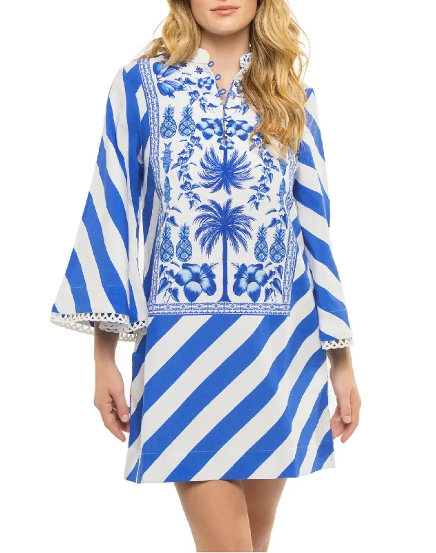 Anj Mini Kaftan Dress In Blue-White