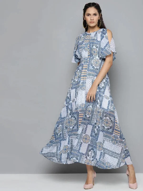 Blue Patch Print Maxi Dress