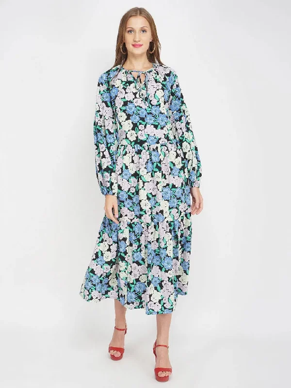 British Florals Blue Women's Layered Maxi Dress