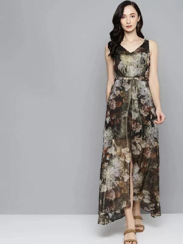 Green Floral Chiffon V-Neck Belted Maxi