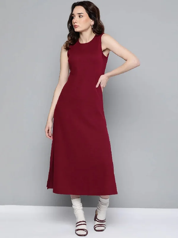 Maroon Rib A-Line Maxi Dress