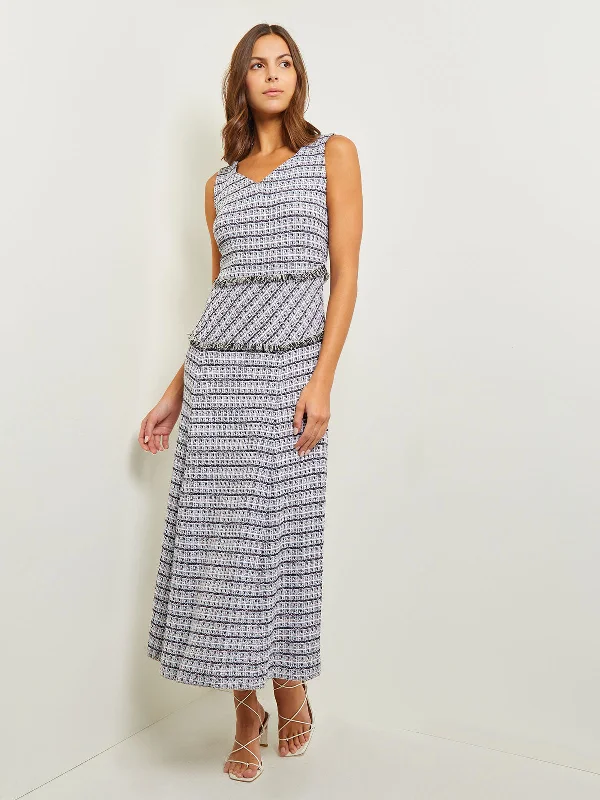 Maxi Drop Waist Dress - Fringe Trim Soft Tweed Knit