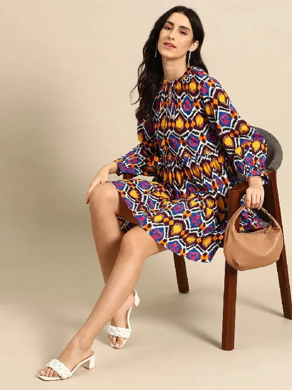 Mini Printed layered dress with balloon sleeve in Multi Color Print