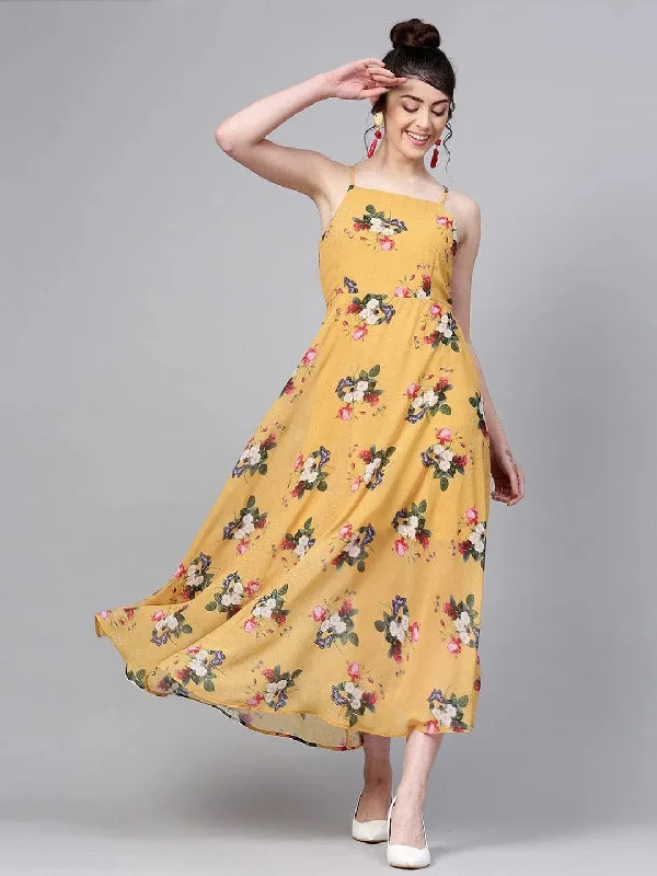 Mustard Floral Strappy Flared Maxi