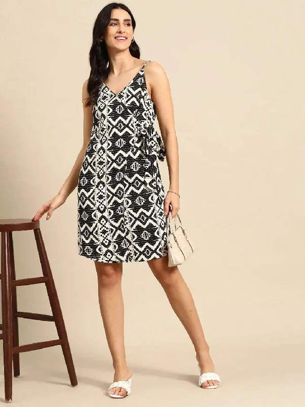 Overlap Mini Dress with side tie up in Black and Cream Ikkat Print