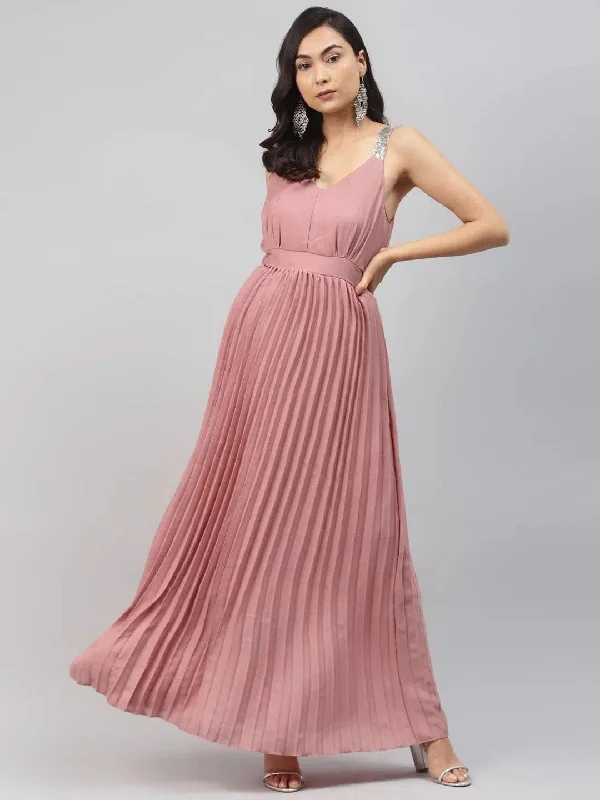 Pink Sequin Straps Pleated Maxi Dress