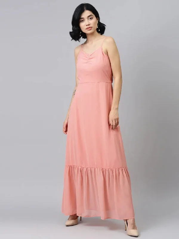 Pink Strappy Frilled Hem Maxi Dress