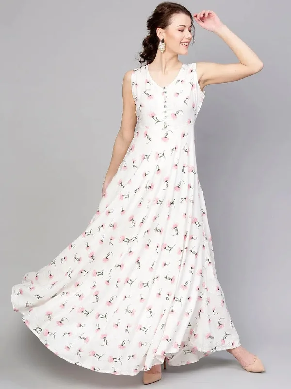 White Floral Sleeveless Flared Maxi