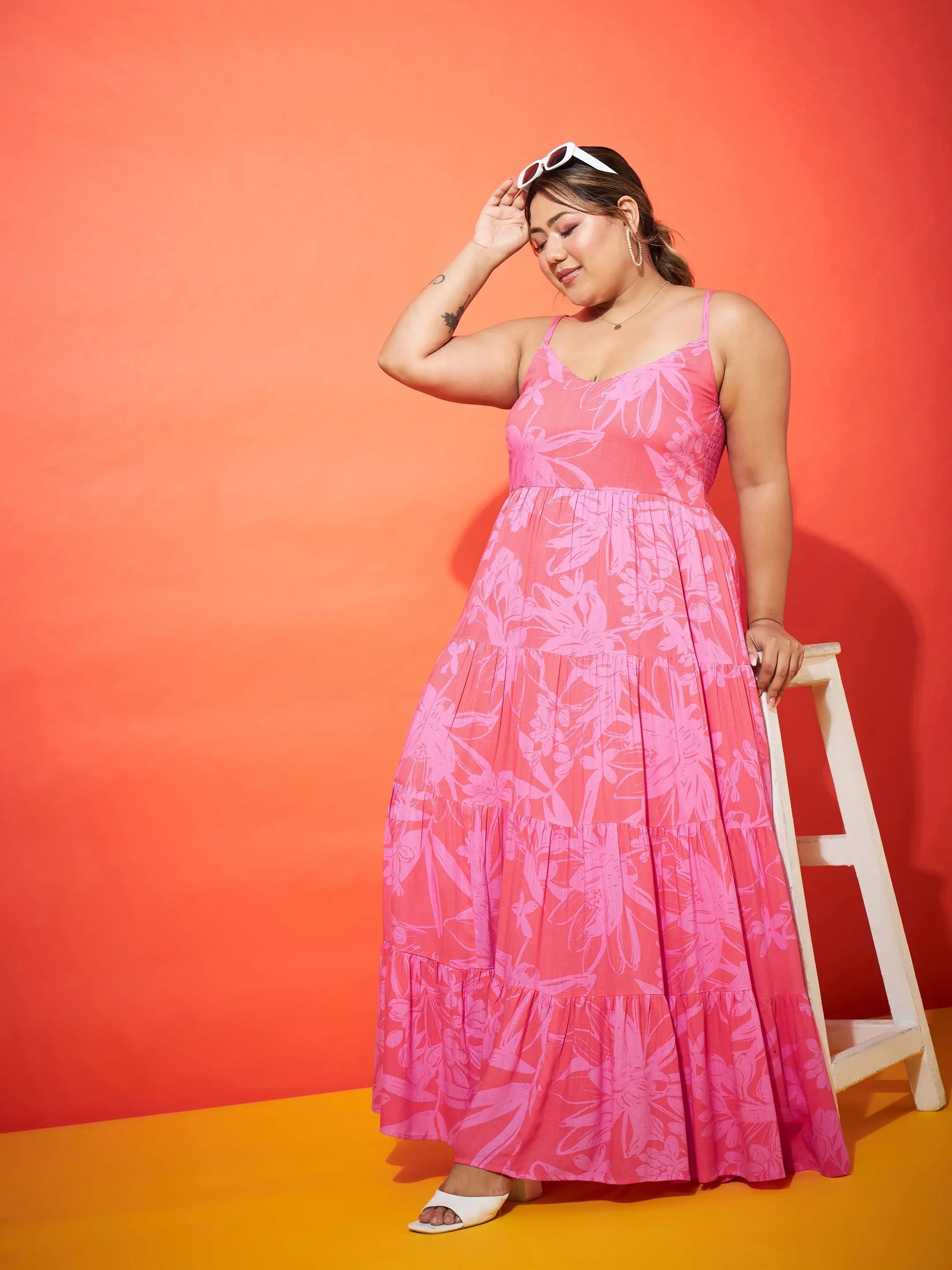 Women Pink Floral Strappy Maxi Dress