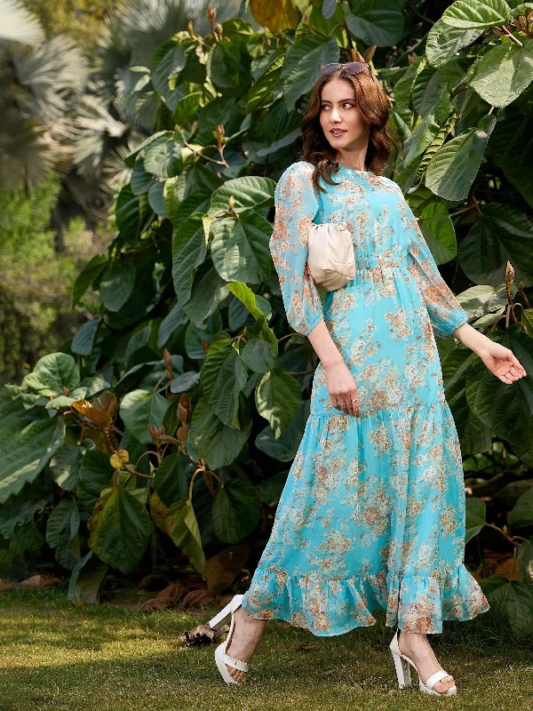 Women Turquoise Floral Waist Cut Out Maxi Dress