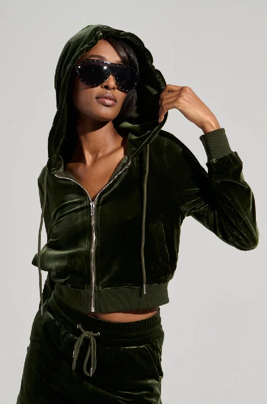 BRAT RHINESTONE VELVET OLIVE ZIP UP SWEATSHIRT