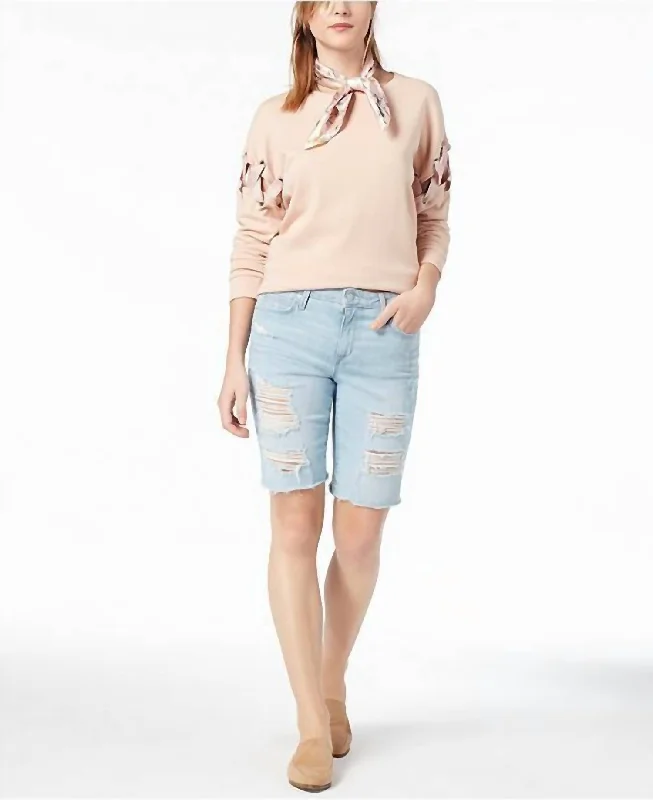 The Finn Ripped Denim Raw Hem Bermuda Shorts In Blue