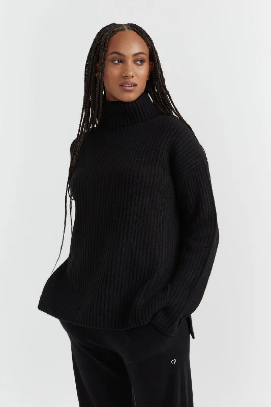 Black Rib-Knit Cashmere Rollneck Sweater