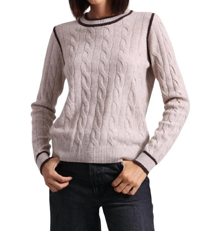 Cashmere Mixed Stitch Crew Top In Ecru/chocolate