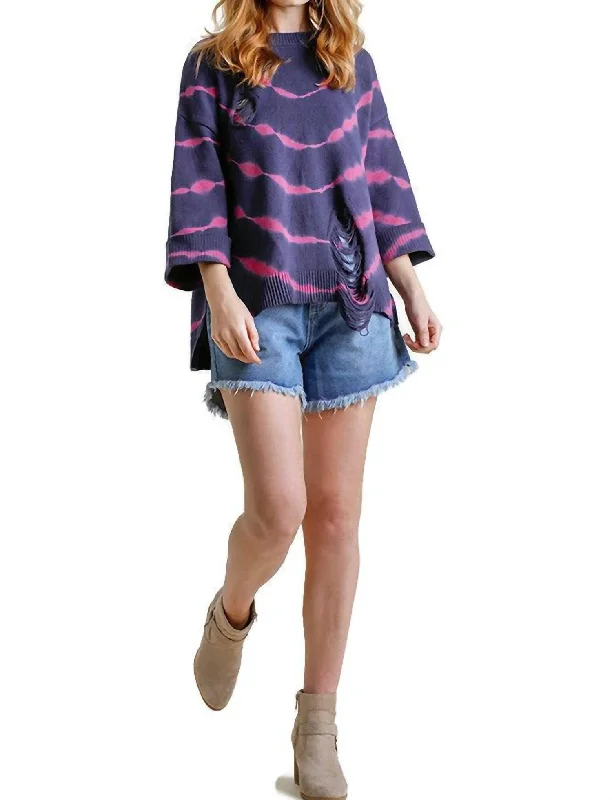 Distressed Tie Dye Sweater In Navy/fuchsia