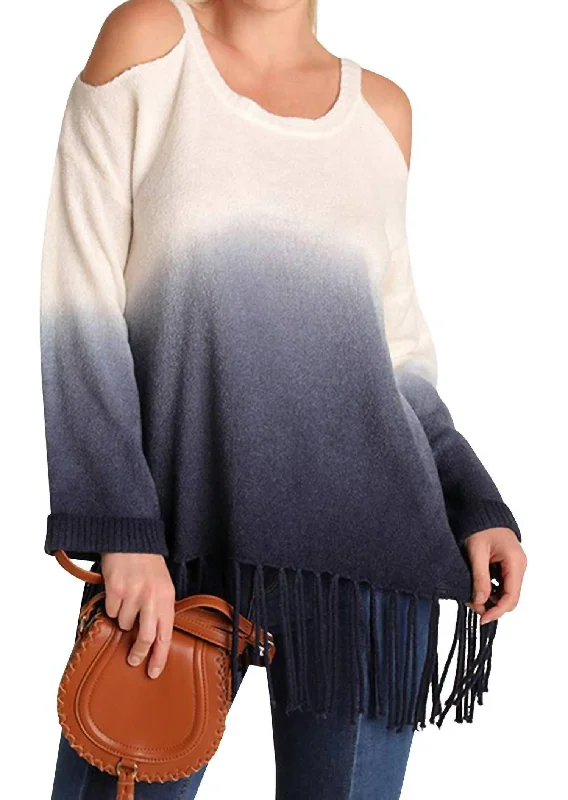 Ombre Cold Shoulder Fringe Sweater In Navy