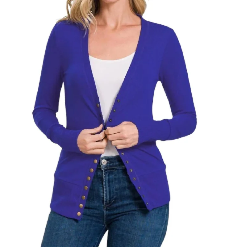 Torie Ribbed Detail Snap Button Cardigan In Bright Blue