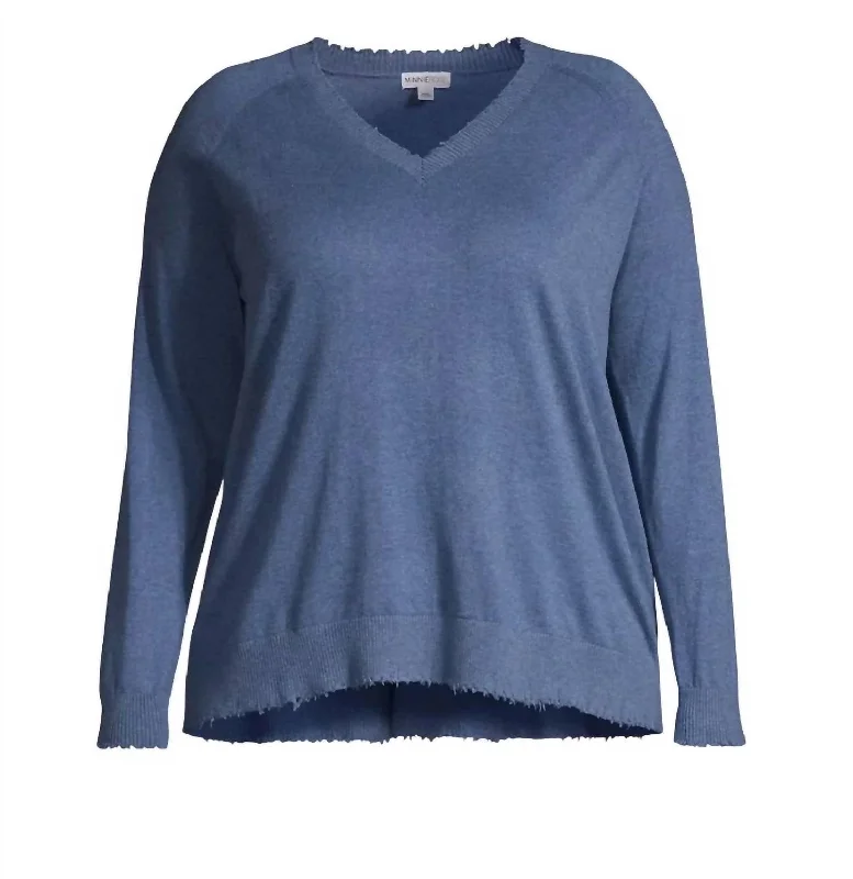 Women's Frayed Edge V Sweater In Harbor Blue