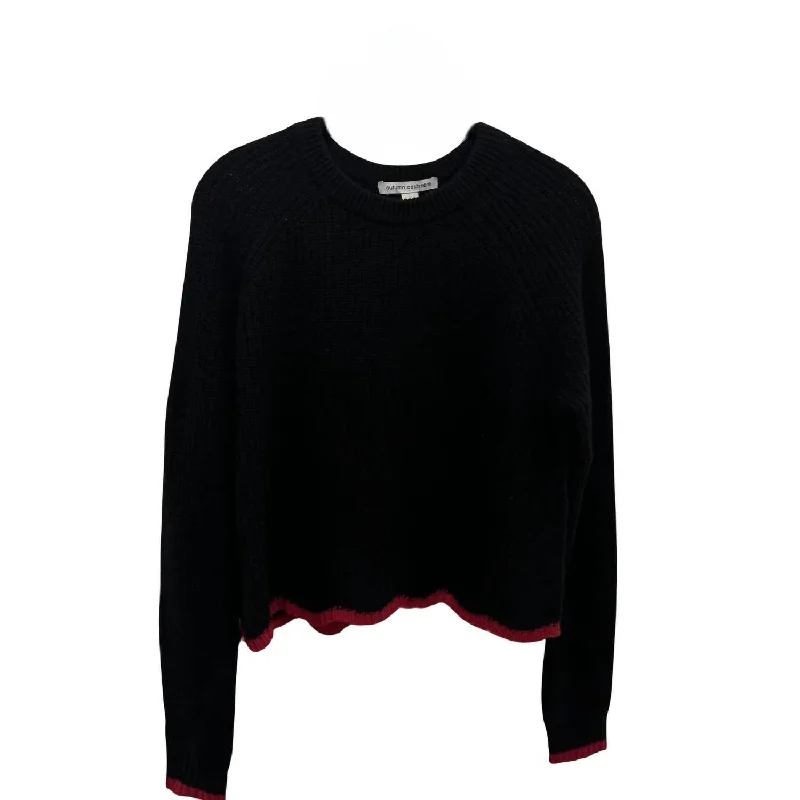 Women's Tipped Scallop Shaker Crew Sweater In Black/ruby