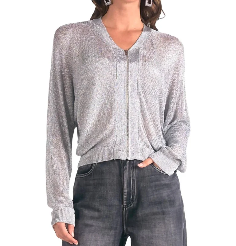 Zip Front Knit Cardigan In Silver